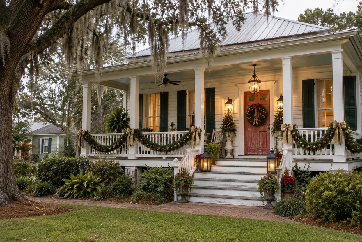 A Louisiana-style cottage porch decorated with Christmas wreaths, red ribbons, and warm lanterns beneath Spanish moss.